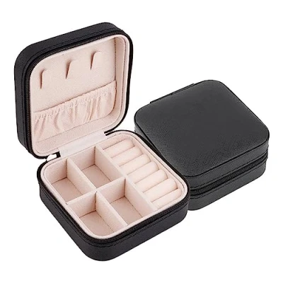 Image of Small Travel Jewellery Box Organiser, Mini Case for Women Faux Leather Storage Rings, Earring, Necklaces (black)