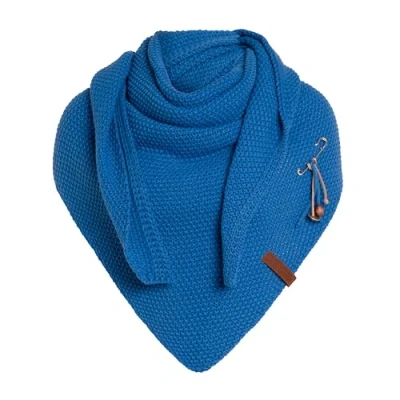 Image of Knit Factory Coco Knitted Shawl Triangle scarf Women Cobalt winter 190x85 cm Manufactured in Europe Ladies Including decorative pin