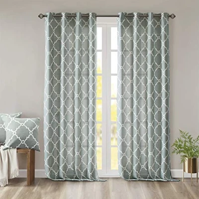 Image of Madison Park Saratoga Single Window Curtain Light Filtering Fretwork Print 1 Panel Grommet Top Drape for Living Room Bedroom and Dorm, 50x95, Seafoam/White