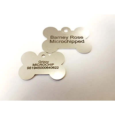 Image of KNIFE POINT ENGRAVED PET DOG, PUPPY, CAT, KITTEN ID TAG, DISCS STAINLESS STEEL, LASER (31MM SMALL BONE ENGRAVE BOTH SIDES)