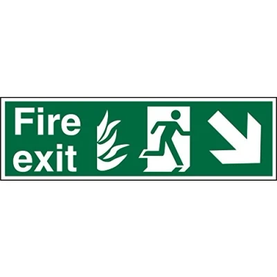 Image of Seco NHS Compliant Fire Exit Exit, Fire, Man Running Right, Arrow Pointing Down &amp; Right Sign, 600mm x 200mm Self Adhesive Vinyl