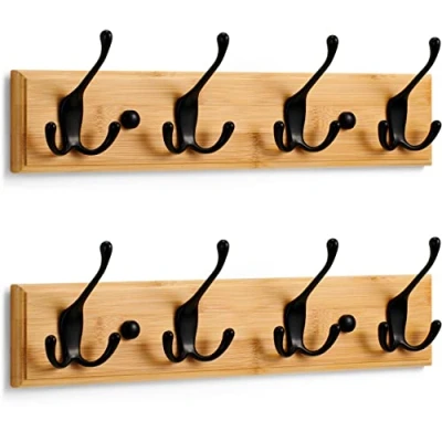 Image of LARHN Wooden Coat Hooks Wall Mounted Rack (2 Pack) 4 Triple Black for on Bamboo 42 cm All Fixings Included Quick &amp; Easy Installation