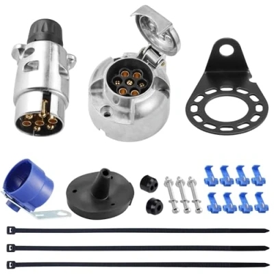 Image of SPARKMOTO 7 Pin Trailer Metal Plug Socket,12V Socket Aluminium Pole Male Female With Complete Accessories Caravan Towing (Screw Cap)