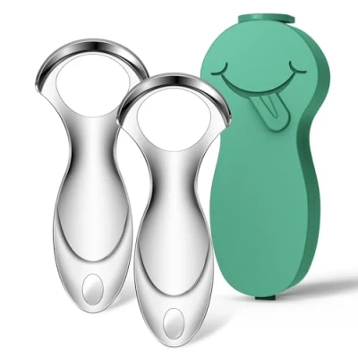 Image of RONAVO Tongue Scraper Cleaner (2024) for Adults Portable Storage Coating Removal Bad Breath Care Metal with Green Carrying Case