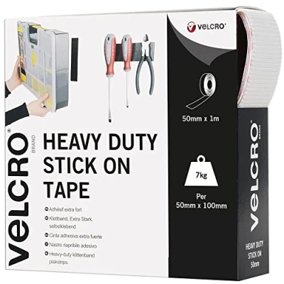 Image of VELCRO Brand, Heavy Duty Stick On Tape, Cut to Length Industrial Extra Strong Double Sided Hook &amp; Loop Self Adhesive Tape Perfect for Room Décor Home, Office, Garage Use, White, 50mm x 1m
