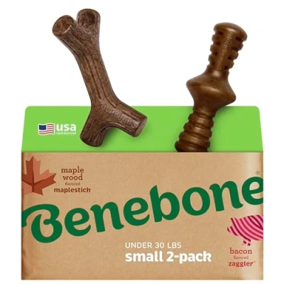 Image of Benebone 2 Pack Indestructible Maplestick/Zaggler For Aggressive Chewers, Long Lasting Tough Boredom Breaker Dogs, Real Bacon and Maple Wood Flavour, Small Made in the USA.
