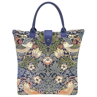 Image of Signare Tapestry William Morris Strawberry Thief Blue Foldable Shopper Bag, Compact, Reusable and Eco Friendly Handbag