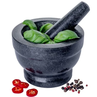 Image of Homiu Pestle and Mortar Set Granite Stone Large Bowl Grinder with Base Premium Kitchenware Natural Stone, Solid Durable, Spice Garlic Herb Crusher Seed Black 14.5cm Diameter