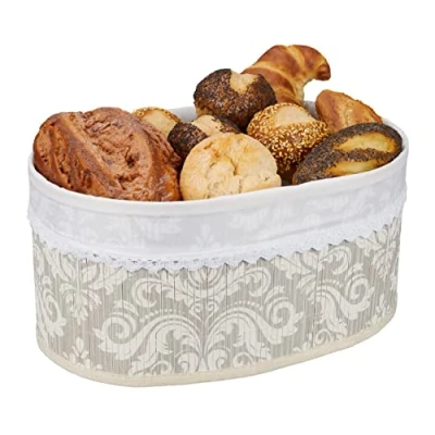 Image of Relaxdays Bread Basket, Floral Print Design, Bamboo, Removable Fabric Insert, H x W D: 16 34 24 cm, Grey/White