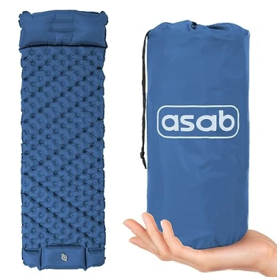 Image of ASAB Inflatable Camping Mattress Single Relaxing Sleeping Mat Built In Foot Pump Dual Valve System Integrated Pillow Waterproof Durable Lightweight Camp Beds for Outdoor Hiking Travel (Blue)