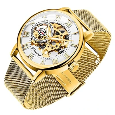 Image of Dentily Men&#039;s Skeleton Watch Classic Roman Numeral Steampunk Mechanical Hand Wind Mens Watches (Blue), gold&amp;white, Mechanical,Skeleton