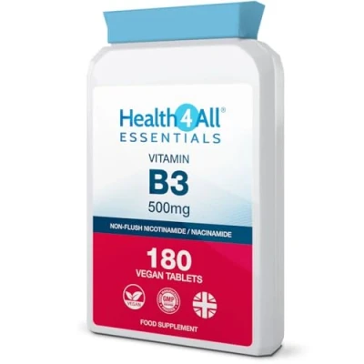 Image of Health4All Vitamin B3 Nicotinamide (Niacinamide) 500mg 180 Tablets (V) Vegan. No Flush Niacinamide. Made in The UK