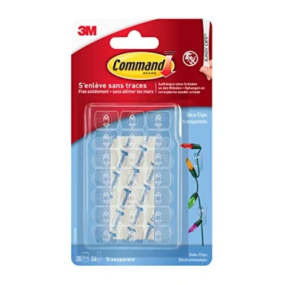 Image of Command Decorative clips, pack of 20 mini hooks and 24 small adhesive strips, transparent hanging clips for decoration fairy lights, wall damage free hanging,