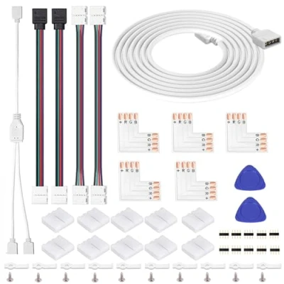 Image of ENQIMAOYI 53pcs LED Strip Connector 4 Pin 8mm 3528 2835 RGB Rope Light Kit, Extension,2 in 1 Distributor,Gapless Solderless, L Shape PCB,Jumper Connectors for Controller