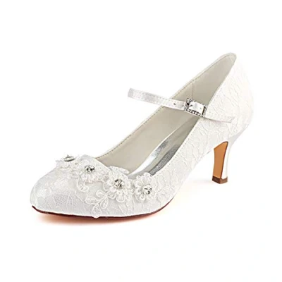 Image of Emily Bridal Wedding Shoes Women&#039;s Round Toe Rhinestones Slip Lace Stiletto Heel Closed Pumps with (EU39/UK6, Ivory)