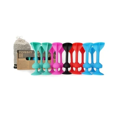 Image of TOSSIT Game Set Indoor, Outdoor Suction Cup Throwing Party Family Pack, 4 colors Red Cyan Pink Light Blue Portable Fun that sucks!