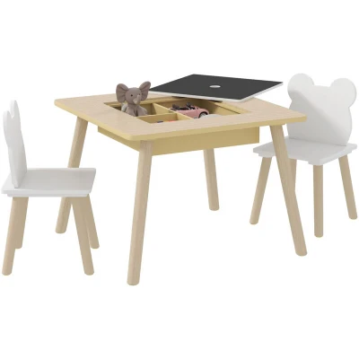 Image of AIYAPLAY 3 Piece Kids Table and Chairs Set, Toddler Chair Set with Bear Shaped Backrest, Convertible Desk, Storage Grid for Nursery, Classroom, Playroom, Natural Wood