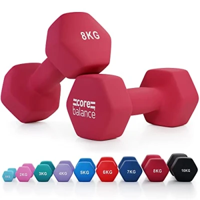Image of Core Balance 8kg Dumbbell Pair Hex Weight Neoprene Coated Cast Iron Strength Training (Crimson)