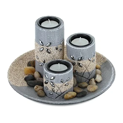 Image of Relaxdays Tealight Holder Set, Round Decorative Tray, with Candles &amp; Pebbles, Table Centrepiece, Dining Room, Grey/Sand, 90% fibreboard 10% stone, 13.5 x 22 cm