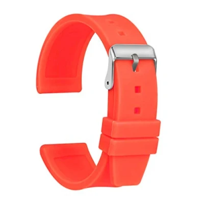 Image of ULLCHRO Silicone Watch Strap Replacement Rubber Band Waterproof Smooth Flexible Men Women 16mm, 18mm, 20mm, 22mm, 24mm, 26mm, 28mm Bracelet with Silver Buckle (28mm, Orange)