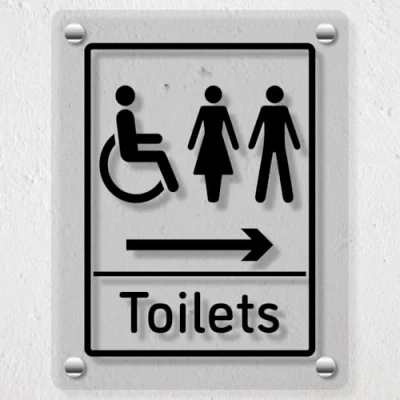 Image of V Safety Mixed Toilets Arrow Right 200 x 300 mm Acrylic Perspex Cast Clear Sign