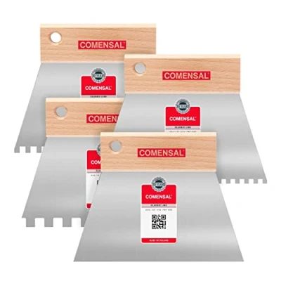 Image of COMENSAL® Adhesive Comb 150 mm Notched Spreader Set 4 x with Teeth 4x4 6x6 8x8 Wooden Handle Made in EU