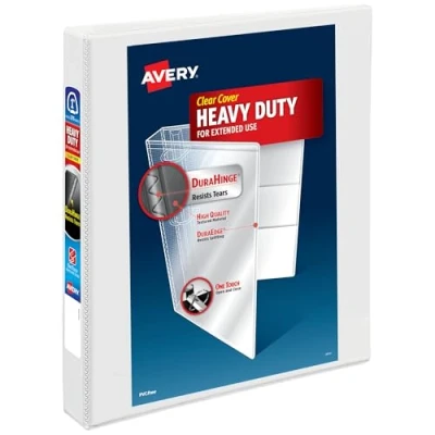 Image of Avery Heavy Duty View 3 Ring Binder, 1 Inch One Touch EZD Rings, 275 Sheet Capacity, 1.4 Wide Spine, Customizable Clear Cover and White Binder (79199)