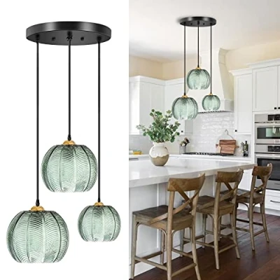 Image of AvgnLxqe 3 Light Pendant Light, Modern Retro Green Striped Glass Lampshade E27 Height Adjustable Ceiling Hanging Lamp, DIY Chandelier for Kitchen Island/Dining Room/Living Room/Bedroom (3 Light)