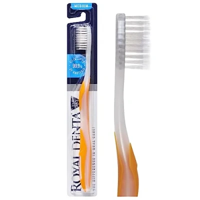 Image of Royal Denta Manual Medium Toothbrush for Adults, Flossing with Silver Particles to Prevent Bacteria, Yellow