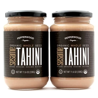 Image of Organic Whole Sesame Tahini Paste Unhulled &amp; Stone Ground Silky Smooth Texture in Hummus, Dips, Dressings Unsalted, Nut Free, Kosher, Paleo, Keto 330g Glass Jar (2 Pack) Pepperwood Organics