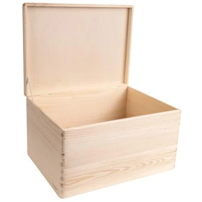 Image of Creative Deco XXL Large Plain Wooden Storage Box 40x30x24 cm (+/ 1 cm) with Hinged Lid Unpainted Gift for Christmas Xmas ROUGH &amp; UNSANDED Wood Keepsake Memory Craft Chest