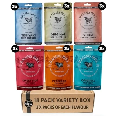 Image of Raging Bull Beef Snack 18 Pack Combo 3 Packs Biltong &amp; Jerky Flavoured Sets High Protein Snacks Grass Fed Low Carb Keto Carnivore Meat