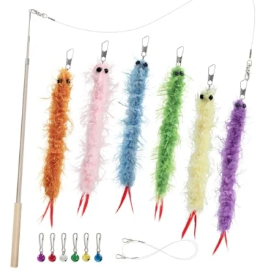 Image of SONGWAY Cat Wand Toys Worm Teaser with 6 PCS Toy Refills and Retractable Wand, Feather Tail Toys, Interactive for Indoor Cats