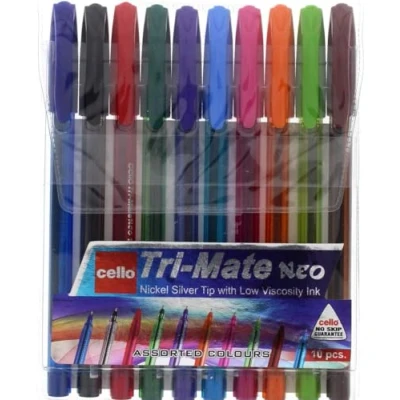 Image of Cello Original Tri Mate Triangular Barrel Ballpoint Pen Medium Point Biro (1.0mm) (Assorted, Pack of 10)