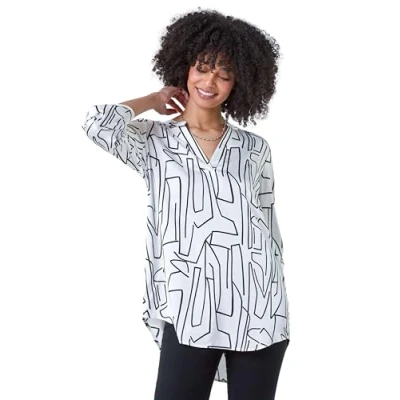 Image of Roman Originals Shirt for Women UK Ladies Top Collarless Blouse Stretchy Tunic Smart Casual Autumn Winter Jersey 3/4 Length Sleeve Notch V Neck Flattering Office Work Ivory Noir Size 10