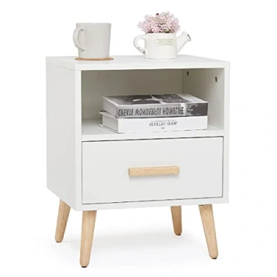 Image of Mondeer Bedside Table, Storage Cabinet with 1 Drawer Open Shelf, 40x30x51cm Simple Style Nightstand Solid Wood Legs for Bedroom Living Room, White