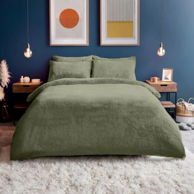 Image of Silentnight Teddy Fleece King Duvet Set Bear Bedding Fluffy Cover and Pillowcase Warm Cosy Super Soft Sage Green