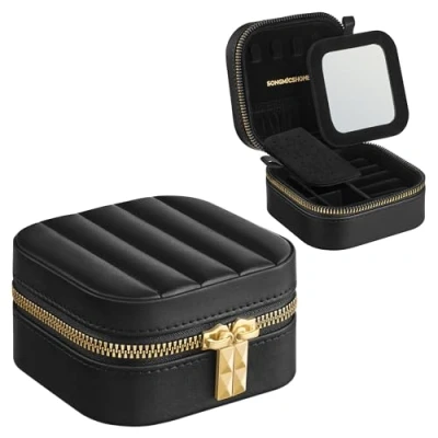 Image of SONGMICS HOME ANAH Collection Travel Jewellery Box, Small Case Organiser with Mirror, 10.5 x 6 cm, PU Surface Stitching, Portable, Zippers, Gift Idea, Ink Black JBC179B01