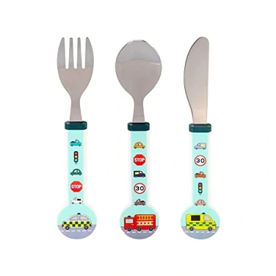 Image of Zawadi Vehicles Children&#039;s Kids 3pcs Stainless Steel Cutlery Utensil Set, Knife Fork Spoon