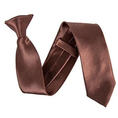 Image of Slim 2&quot; Satin Solid Colour Plain Safety Clip On Tie (Brown)