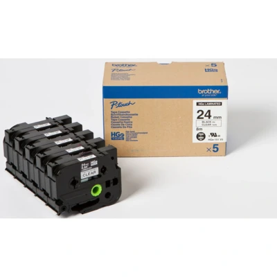 Image of Brother HGE 151V5 Black on Clear 8M x 24mm High Grade Tape 5pk