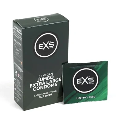 Image of EXS Jumbo Condoms 69mm Width Extra Comfort for The Large Natural Latex &amp; Silicone Lubricated XL Size Vegan 12 Pack