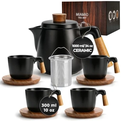 Image of MIAMIO 1000 ml Ceramic Tea Pot Set with Infuser and Cups/Tea Strainer, 4 Mugs (300 ml), Bamboo Saucers/Handle for Home Office (Black)
