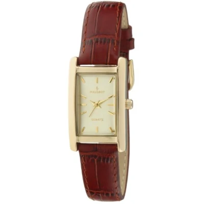 Image of Peugeot Women&#039;s Classic 14Kt Gold Plated Watch, Rectangular Tank Shape Case with Leather Band and Easy to Read Dial, Brown, S