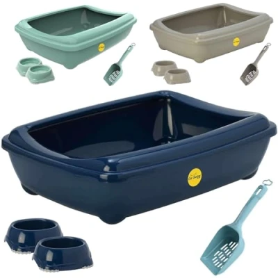 Image of Cat CENTRE Dark Blue Jumbo Deep Litter Tray With Rim + Two 0.3L Bowls Scoop Open Toilet Bundle for Cats &amp; Kittens