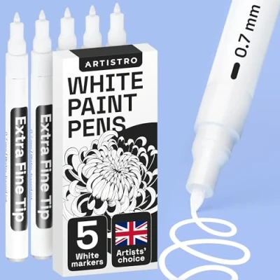 Image of ARTISTRO White Paint Pen for Rock Painting, Stone, Ceramic, Glass, Wood, Tire, Fabric, Metal, Canvas. Set of 5 Acrylic Marker Water based Extra fine Tip