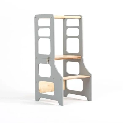 Image of Duck Woodworks 2 in 1 learning tower that transforms into a montessori table with chair (Grey)