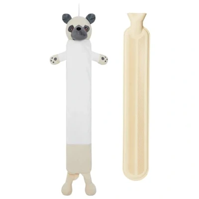 Image of Hot Water Bottle with Animal Fleece Cover 1 or 2 Litre Capacity Natural Rubber Long Plush Cute Cosy Gifts (Pug Long)