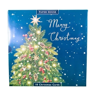 Image of Box of 18 Paper House Festive Xmas Tree &amp; Wreath Christmas Cards Boxed PSOP0014