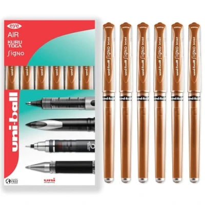 Image of uni ball Signo Pen UM 153 Broad Metallic Gel Ink Rollerball Metal 1.0mm Tip Nib Rubber Grip In Gift Box (Pack of 6, Bronze)
